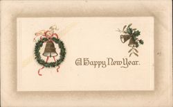 A Happy New Year Greeting with Bells and Wreath Postcard