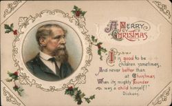 Charles Dickens Portrait, Christmas Greeting Postcard