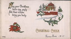 Christmas Cheer with Bells, Poinsettia, and Mistletoe Postcard