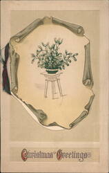 Christmas Greetings, Mistletoe in Pot on Scroll Postcard