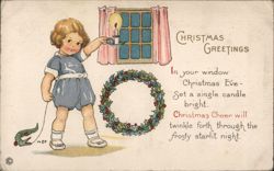 Christmas Greetings, Child with Candle and Wreath Postcard
