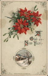 A Glad New Year Poinsettia Bouquet Winter Scene Postcard