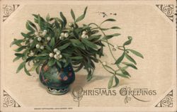 Christmas Greetings, Mistletoe in Vase Postcard