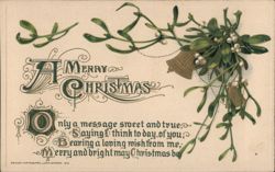 A Merry Christmas Greeting with Mistletoe and Bells Postcard