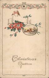 Christmas Greetings, Robins, Poinsettias, Church Scene Postcard