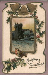 Christmas Greetings, Snow Covered Church and Robin Postcard