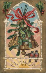 Christmas Bell with Mistletoe and Robins Postcard