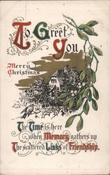 Christmas Greeting with Mistletoe and House Postcard