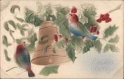 Embossed Christmas Greetings with Birds and Bell Postcard