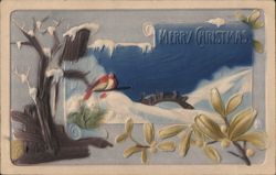 Merry Christmas Winter Scene with Cardinals and Mistletoe Postcard