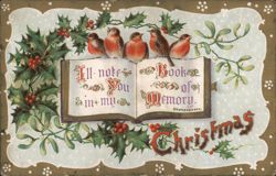 Robins on Book of Memory, Christmas Greeting Postcard