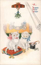 Happy New Year Kittens with Mistletoe Postcard