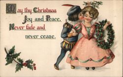 Christmas Joy and Peace, Boy Kissing Girl with Wreath Postcard