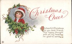 Christmas Cheer, Girl in Holly Wreath Postcard