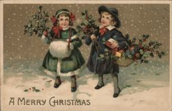 A Merry Christmas, Children with Holly in Snow Postcard