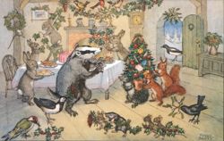 Badger Brock Makes Merry, Christmas Animal Gathering Postcard