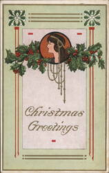 Art Nouveau Christmas Greetings with Woman and Holly Postcard