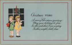 Christmas Wishes, Boy and Girl with Toys Postcard