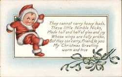 Child in Santa Suit, Nimble Nicks Christmas Poem, Mistletoe Postcard