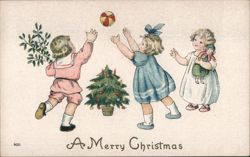 Children Playing with Ball near Christmas Tree Postcard