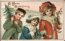 A Happy Christmas - Three Children in Winter Attire Postcard