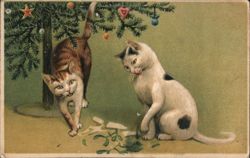 Two Cats Under a Christmas Tree with Mistletoe Postcard