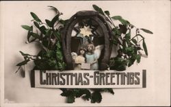 Christmas Greetings, Angels in Horseshoe with Mistletoe Postcard