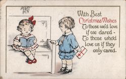 Christmas Wishes, Children Reading and Exchanging Gift Postcard