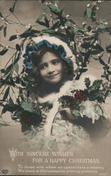 Girl with Holly and Mistletoe, Christmas Greetings Postcard