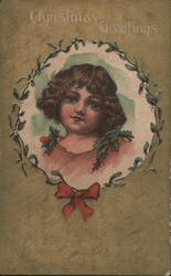 Christmas Greetings, Portrait of Girl with Holly and Mistletoe Postcard