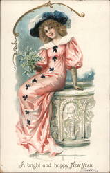 New Year Greeting, Woman in Pink Dress with Mistletoe Postcard