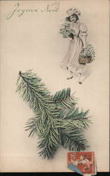 Joyeux Noël, Woman with Flowers and Pine Branch Postcard