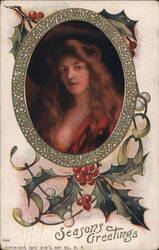 Seasons Greetings, Portrait of a Woman with Holly Postcard