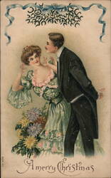 Man Attempting Christmas Kiss Under Mistletoe Postcard
