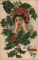 Woman Peeking Through Holly, The Best Christmas Joys Postcard