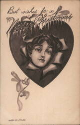 Merry Christmas Heart with Woman's Face and Mistletoe Postcard