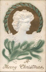 Embossed Woman Profile with Holly and Mistletoe, Merry Christmas Postcard