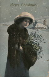 Woman with Mistletoe in Snow, Merry Christmas Postcard