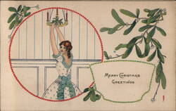 Woman Hanging Mistletoe on Chandelier, Merry Christmas Greetings Postcard