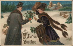 A Joyful Yuletide, Couple Exchanging Holly in Snow Postcard