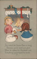 Children by Fireplace, Christmas Poem Postcard