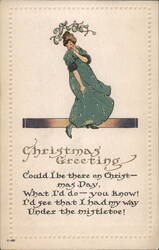 Christmas Greeting Woman Under Mistletoe Postcard