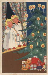 Children Admiring Christmas Tree with Lit Candles Postcard