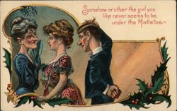 Man Frustrated Girl Not Under Mistletoe Postcard