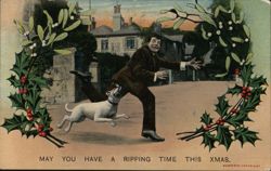 Man Chased by Dog, May You Have a Ripping Time This Xmas Postcard