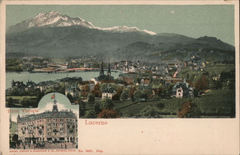 Lucerne, Switzerland, View with Hotel Victoria Inset