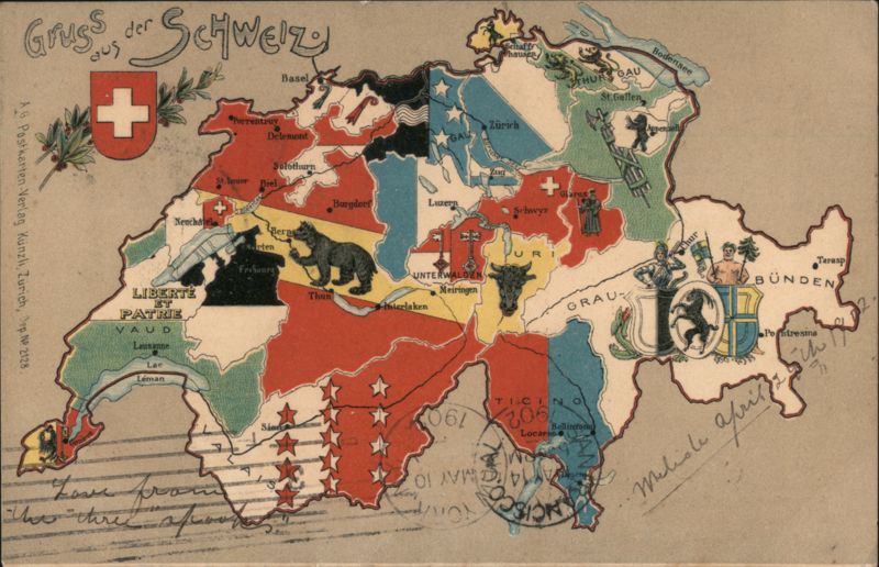 Map of Switzerland with Cantonal Coats of Arms