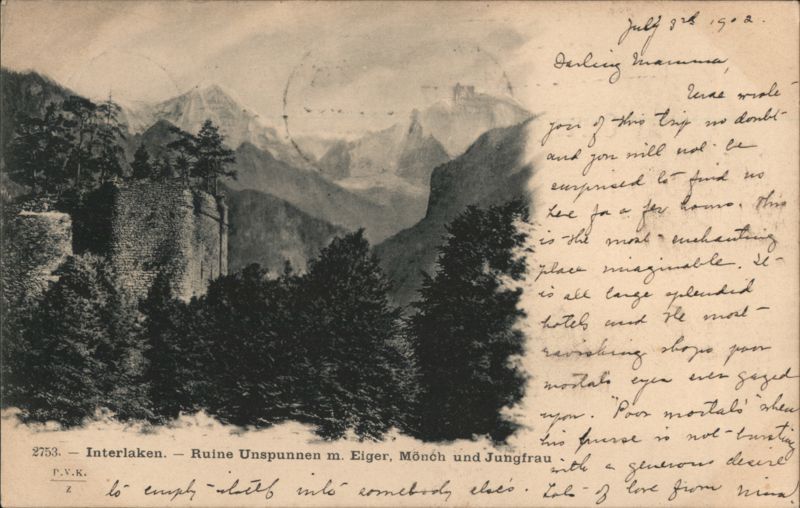 Ruine Unspunnen with Eiger, Mönch and Jungfrau, Interlaken Switzerland