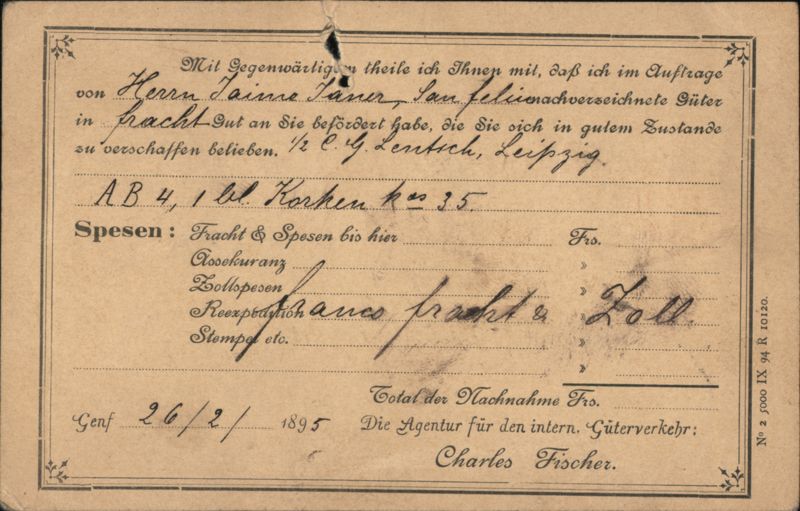 Freight Notification, Charles Fischer, Geneva to Magdeburg Switzerland