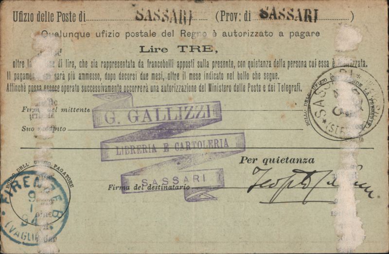 Italian Postal Money Order Card Lire Tre Sassari to Firenze Italy